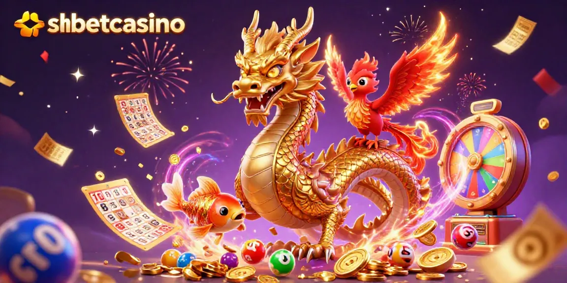 Experience thrilling games at shbetcasino with a majestic dragon, phoenix, and koi fish amidst vibrant elements.