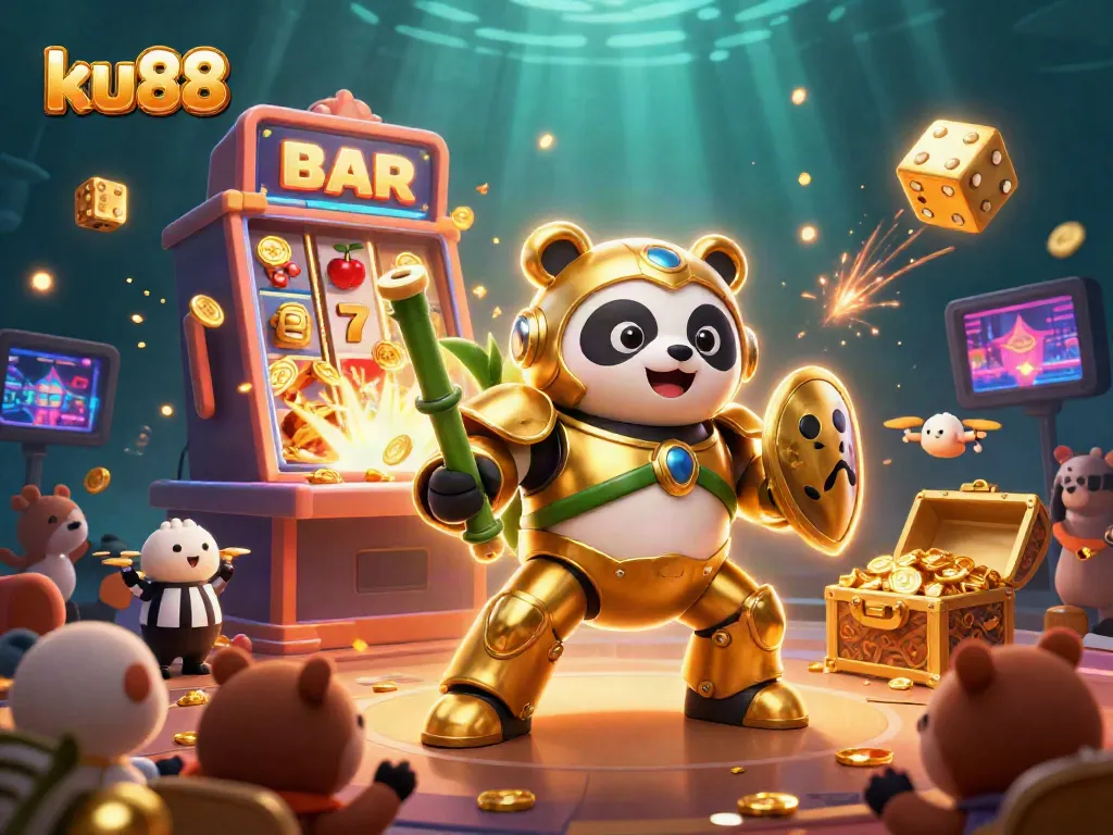 ku88 showcases thrilling jackpot moments with a golden panda in an action-packed casino scene.