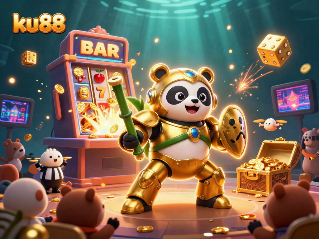 ku88 showcases thrilling jackpot moments with a golden panda in an action-packed casino scene.