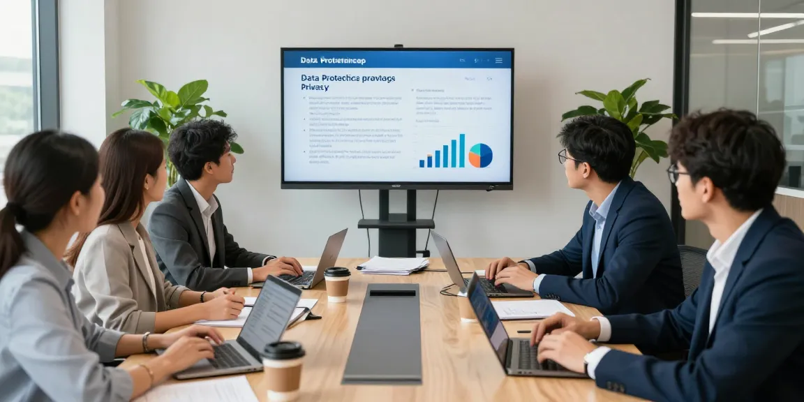 Business team discussing privacy strategies at Startseite in a modern office, showcasing collaboration and expertise.
