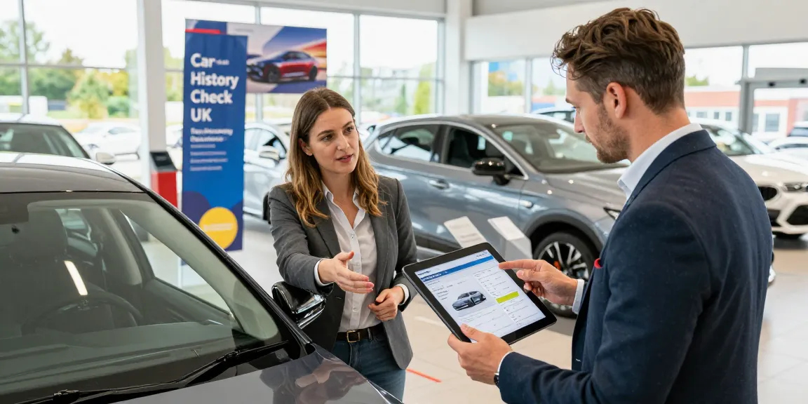 Detailed car history check UK scene at a dealership with buyer and salesperson discussing vehicle history.