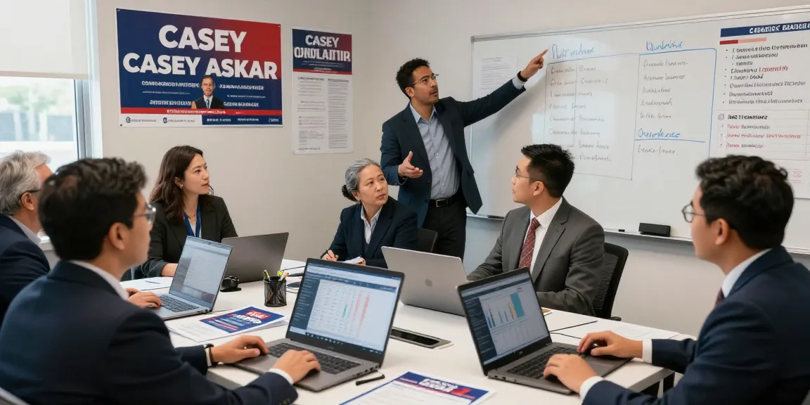 Casey Askar's campaign team strategizing with laptops and voter data in a professional office.