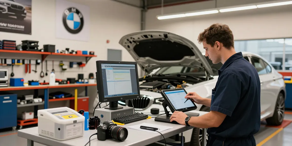 Professioneller Techniker, der BMW Service Hannover in einer modernen Werkstatt anbietet.