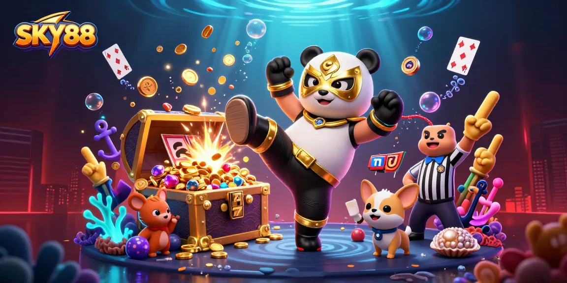 Experience the thrill of SKY88 with a vibrant casino scene featuring dynamic characters and game elements.