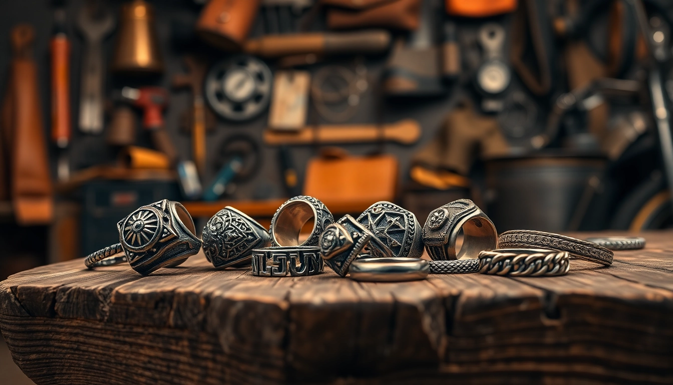 Bikerringshop's exquisite biker rings displayed elegantly on a rustic table, emphasizing craftsmanship.