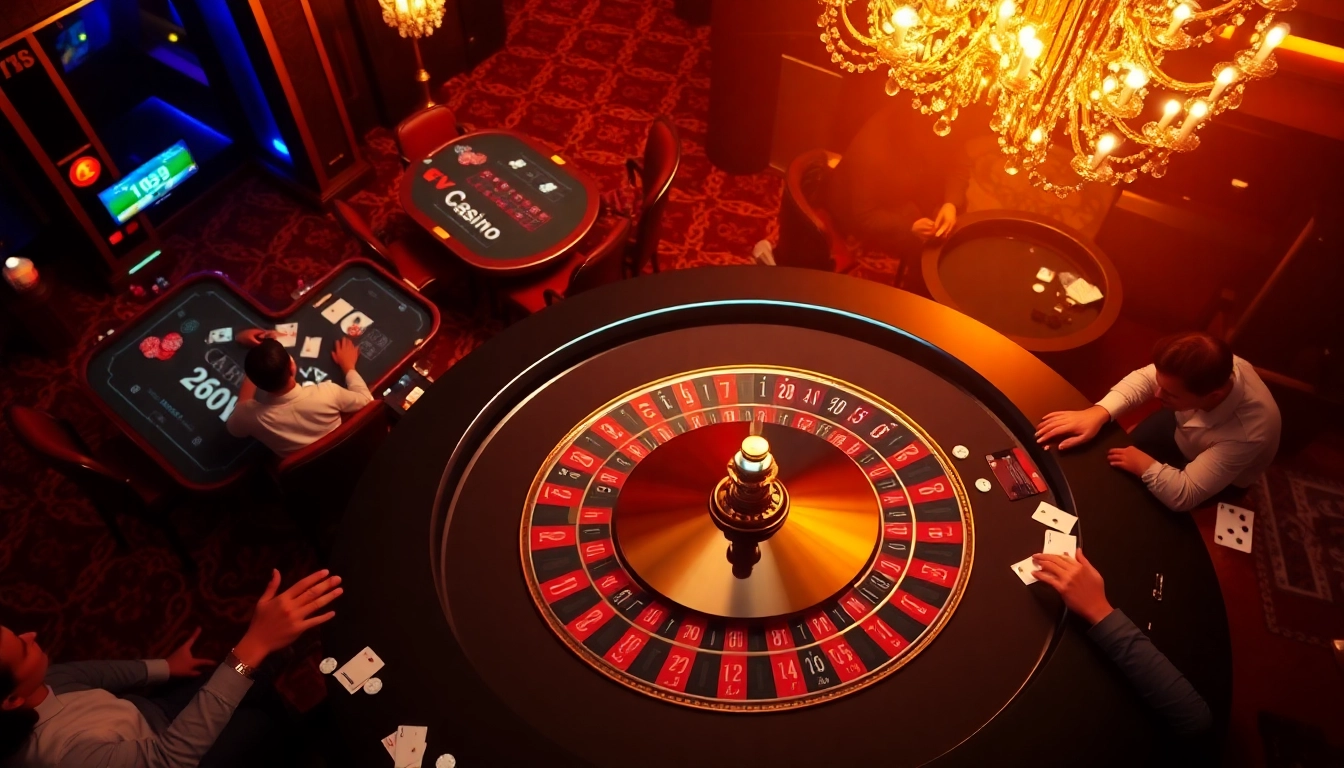 Spieler genießen Spiele im NV Casino, mit Fokus auf luxuriöse Poker-Tische und eine lebendige Casino-Atmosphäre.