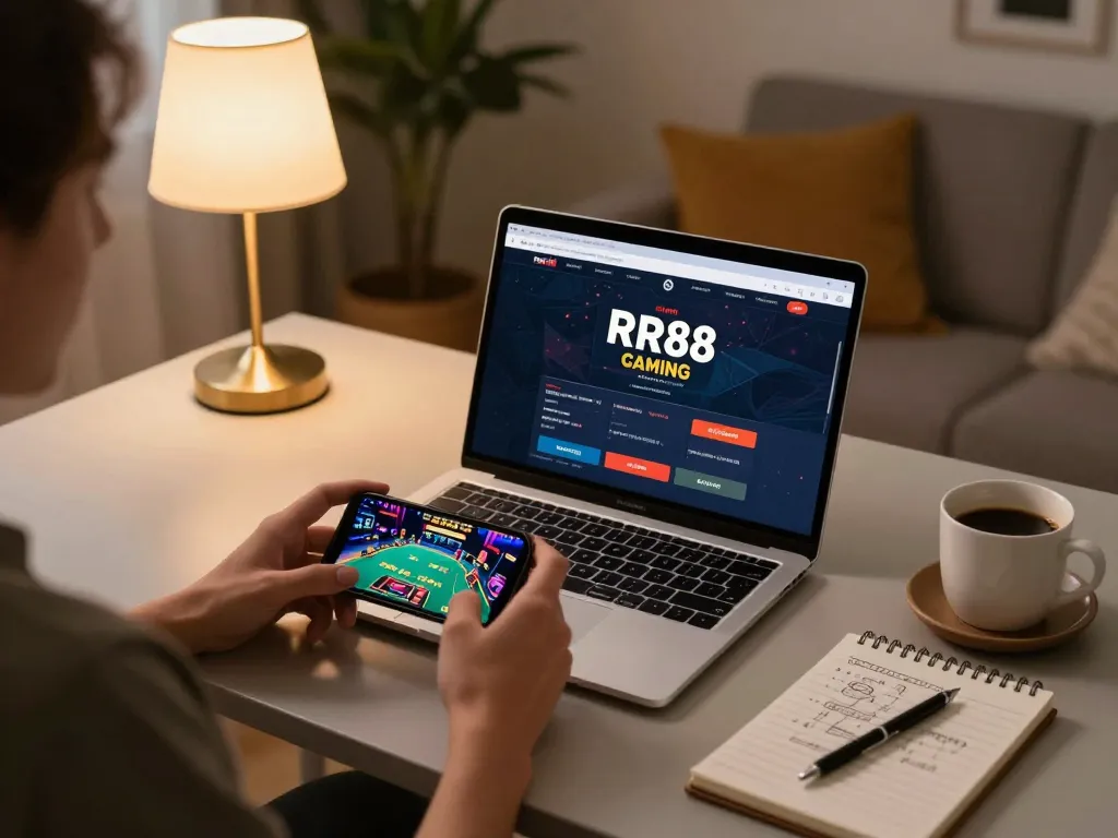 RR88 user engaged with online casino on laptop and smartphone in a cozy home setting