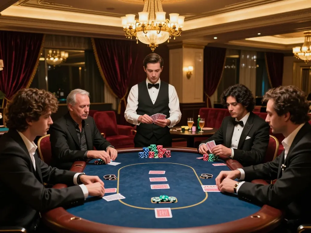 Exciting poker game at go8.onl in upscale casino atmosphere, players placing bets with chips