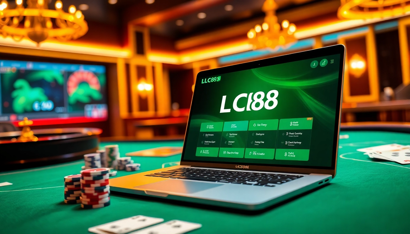 Experience thrilling gaming excitement with the LC88 casino interface on a luxurious table, featuring vibrant poker chips and cards.