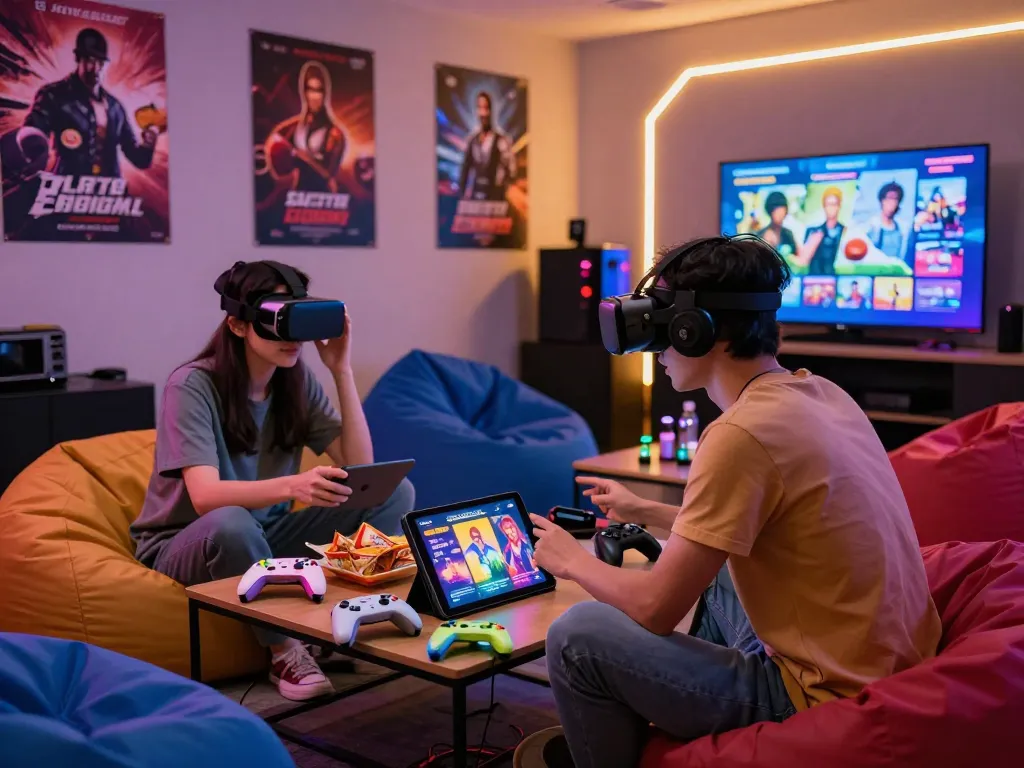 Players enjoying free mobile porn games in a vibrant gaming lounge with interactive elements.