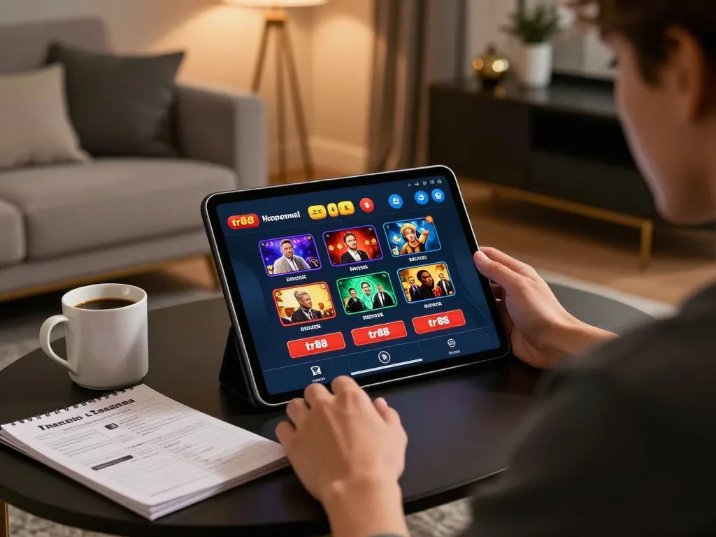 Player engaging with tr88 online casino interface on a stylish tablet, showcasing responsible gaming