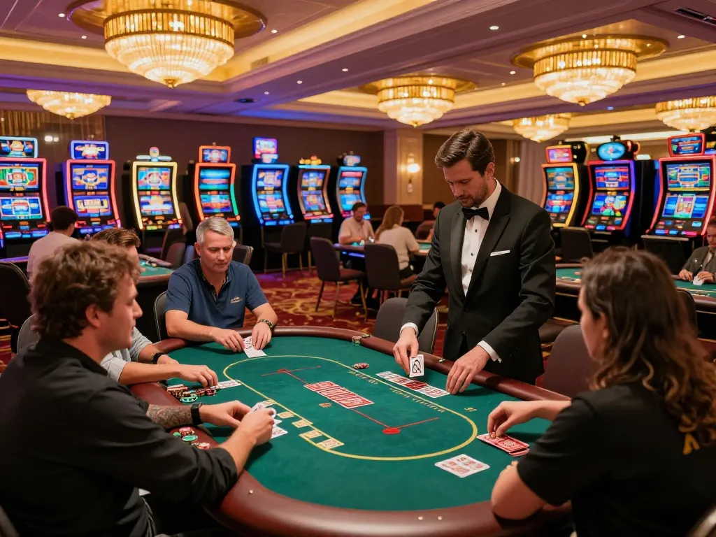 Players enjoy winning at poker tables in an upscale TIP88 casino environment.
