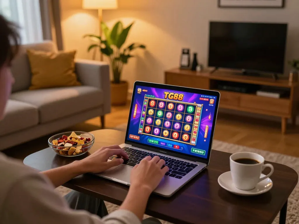 Engaging gameplay on TG88 slots displayed on a laptop during a cozy home session