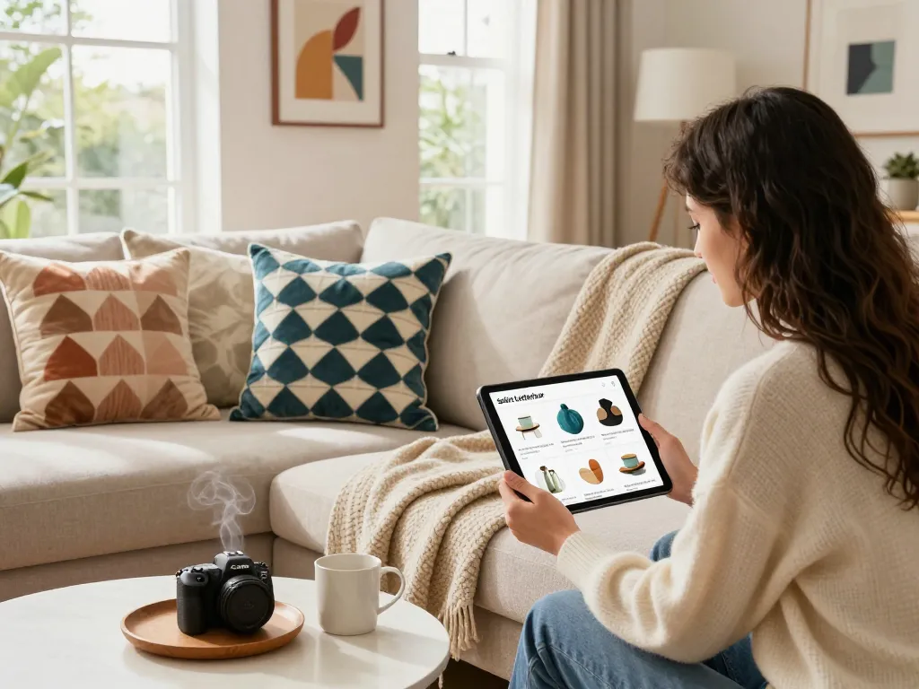 Stylisches Wohnzimmer, das "Sofort Lieferbar" Wohnkulturprodukte mit einem Paar, das online einkauft, präsentiert.