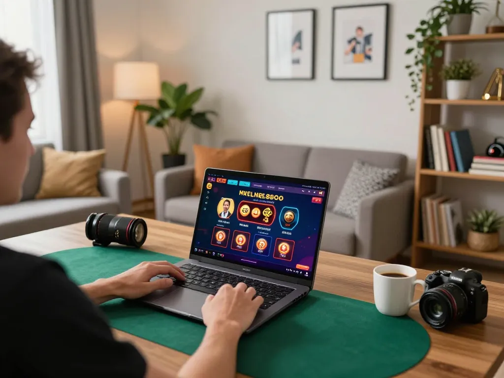 Person playing online games at ee88go in a cozy home setting, laptop displaying casino website