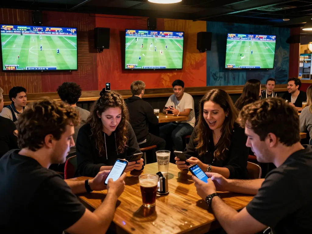 Engaging scene of sports fans actively placing bets with kèo nhà cái visible on smartphones, showcasing excitement in a vibrant sports bar.