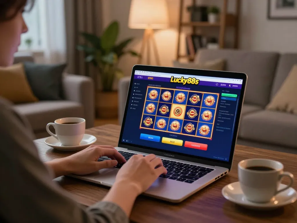 Engaging gameplay on lucky88s online platform, with a vibrant slot game displayed on a laptop in a cozy home