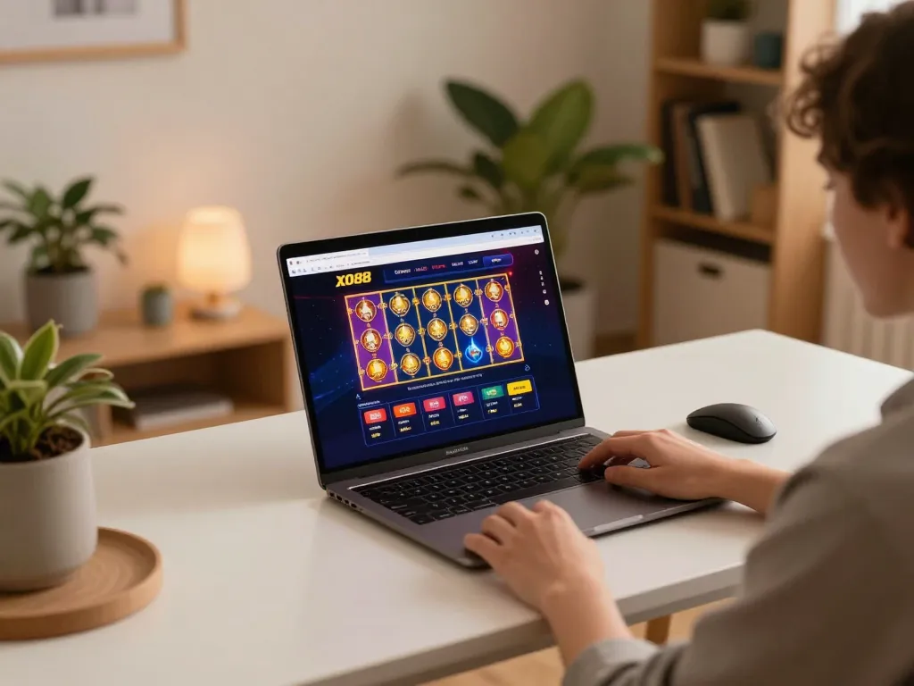 Player engaging with xo88s online gaming platform at cozy desk, showcasing slots and betting options