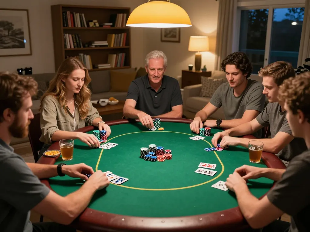 Fesselndes Poker-Spiel in vollem Gange, das die Fähigkeiten der Kunden von Immobilienmakler Frankfurt Eckenheim in einer gemütlichen Atmosphäre zeigt.