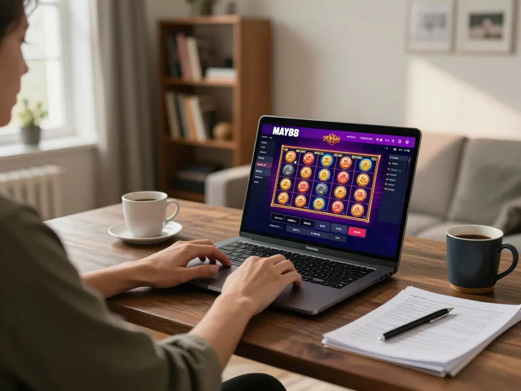MAY88 user enjoying a dynamic online gaming session at home, engaging with vibrant slot games