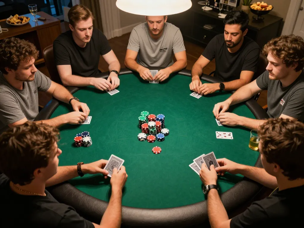 Players engaging in a thrilling poker game at home, capturing f168 gaming excitement in a social setting.