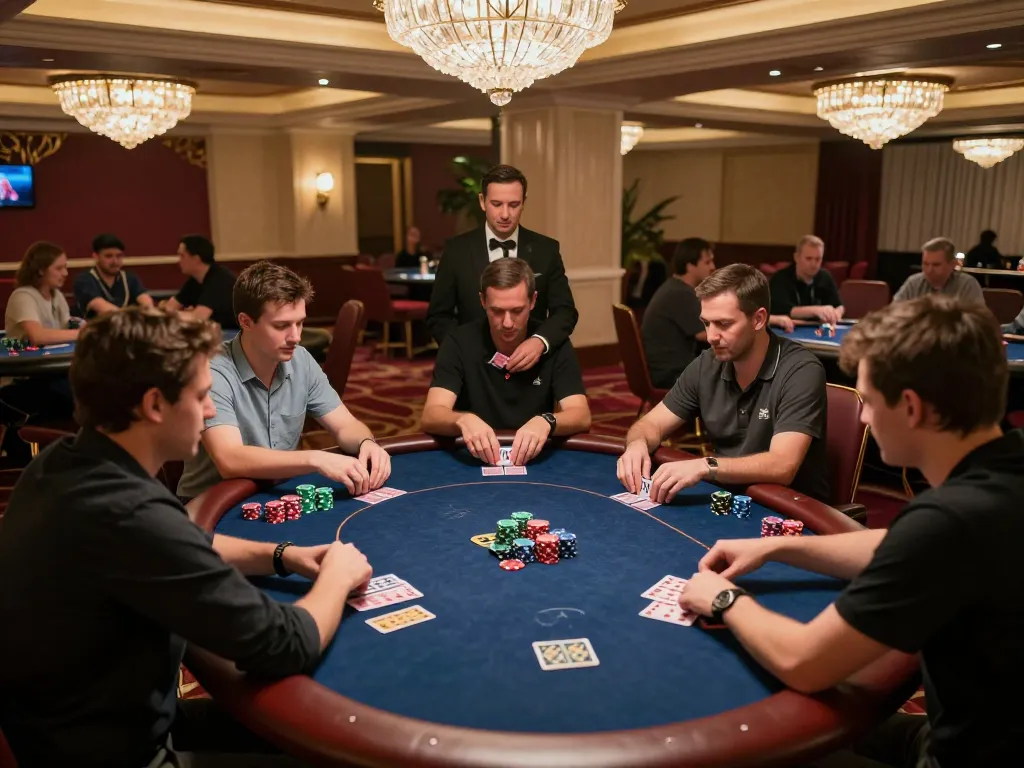 Players engaging in a strategic poker game at an upscale casino table, featuring lc888 chips and cards.