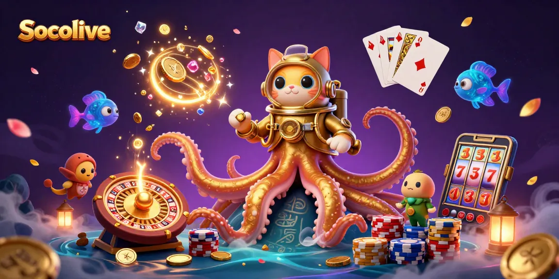 Socolive brings vibrant 3D casino fun to life with dynamic kraken and vintage cat characters amidst swirling treasures.