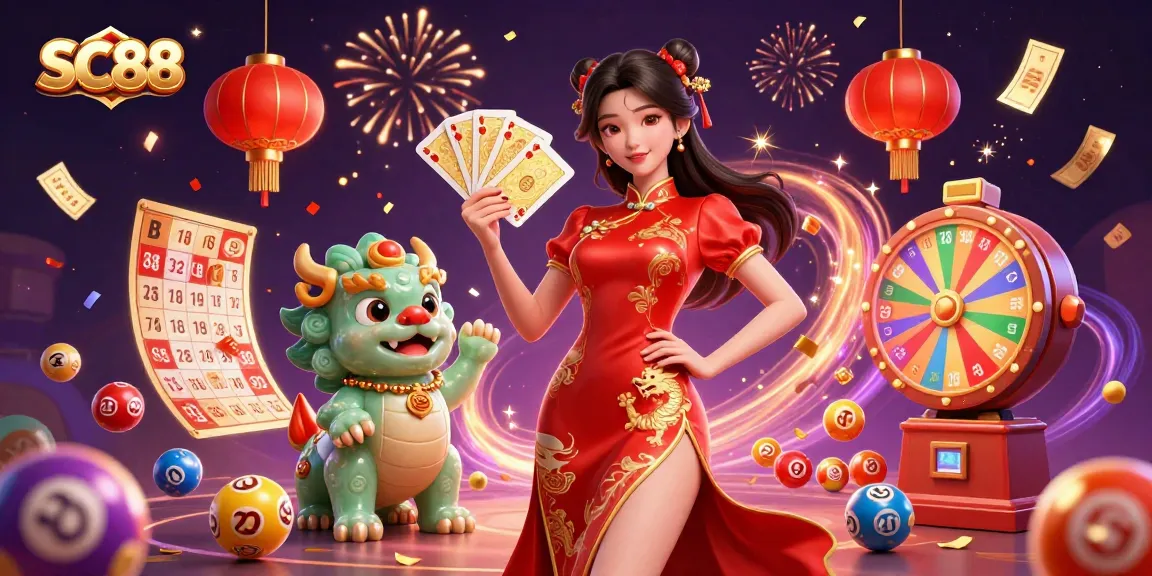 Engage with SC88 casino excitement as a woman in crimson qipao plays lottery games amidst vibrant celebrations.