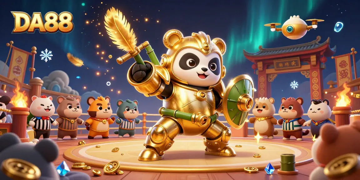 Engage with DA88 in a vibrant 3D casino arena featuring dynamic characters and action-packed elements.