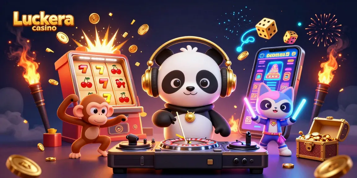 Luckera Casino: Erlebe aufregende Spielautomaten und große Jackpots mit einem DJ-Panda und tanzenden Charakteren.