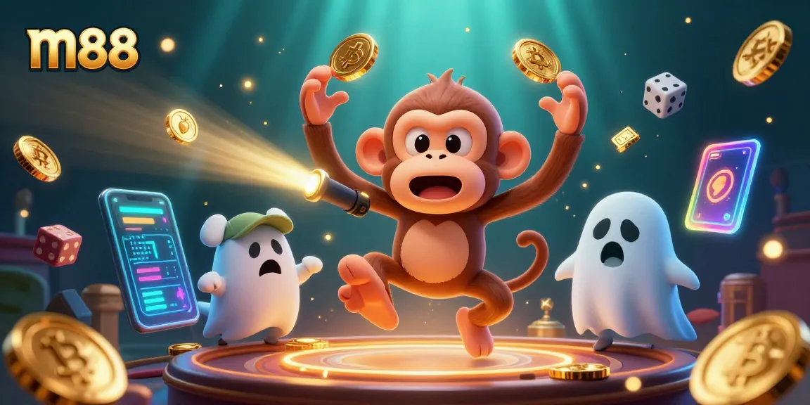Bet on m88 as a mischievous monkey juggles golden coins and cards in a haunted casino.