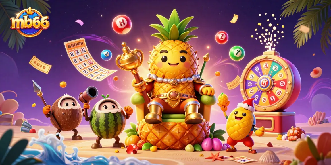 Win big with mb66 at a vibrant beach casino featuring a lively golden pineapple king and dynamic game elements.