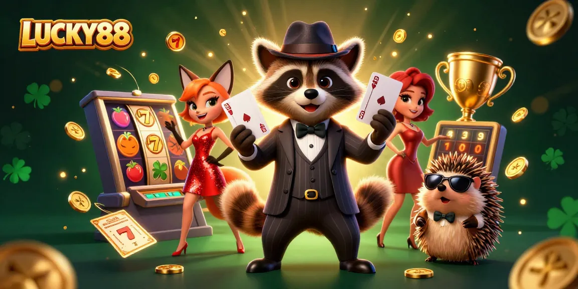 Watch LUCKY88 as the suave raccoon and companions celebrate big wins amongst slot reels.