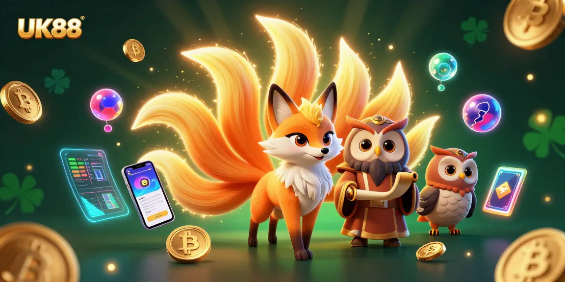 Win big with UK88 in this vibrant 3D casino scene featuring glowing mystical characters and cryptocurrencies.