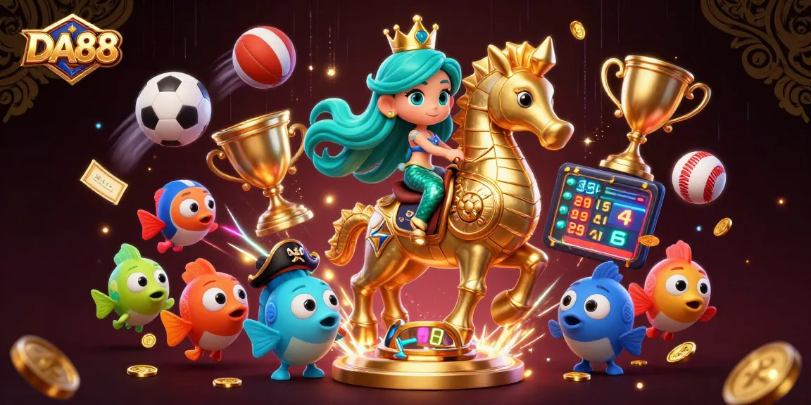 Experience thrilling gameplay with DA88 in a vibrant casino backdrop featuring mermaids and dynamic sports elements.