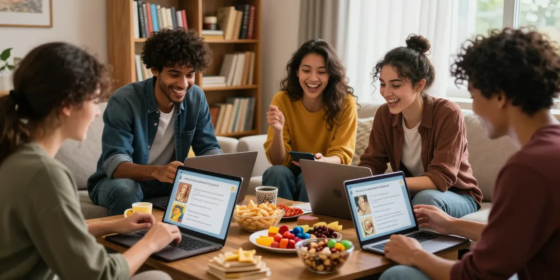 Freunde spielen ein Quiz Allgemeinwissen in einem gemütlichen Raum, gefüllt mit Spaß und Snacks.