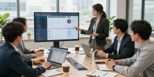 Team collaborating effectively using an all-in-one CRM for small service business.