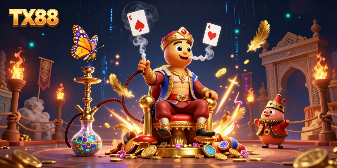 Engage with TX88's thrilling casino experience featuring a cartoon caterpillar master amid golden coins and gaming symbols.