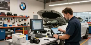 Professioneller Techniker, der BMW Service Hannover in einer modernen Werkstatt anbietet.