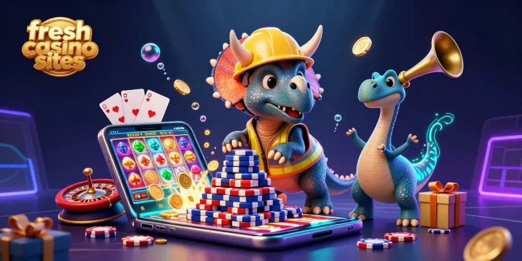 Experience fresh casino sites with vibrant 3D characters celebrating poker wins amid casino-themed elements.