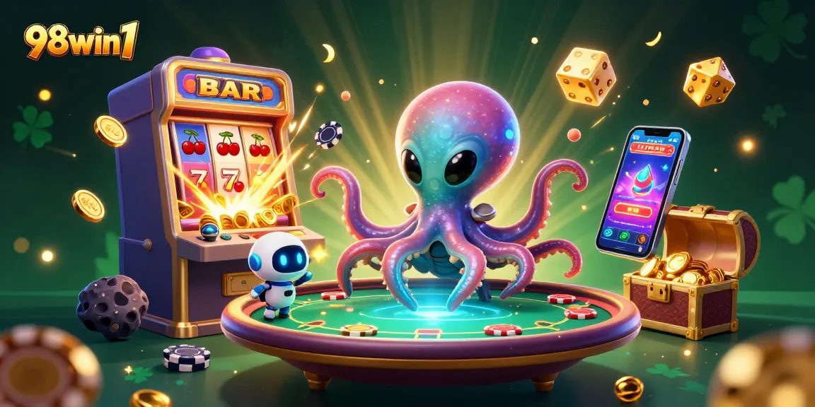 Engage in thrilling gameplay with 98win1 as a dazzling alien octopus operates a holographic poker table amidst a jackpot explosion.