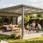 Freistehende Terrassenüberdachung in einem Garten, Familie genießt sonnigen Nachmittag.