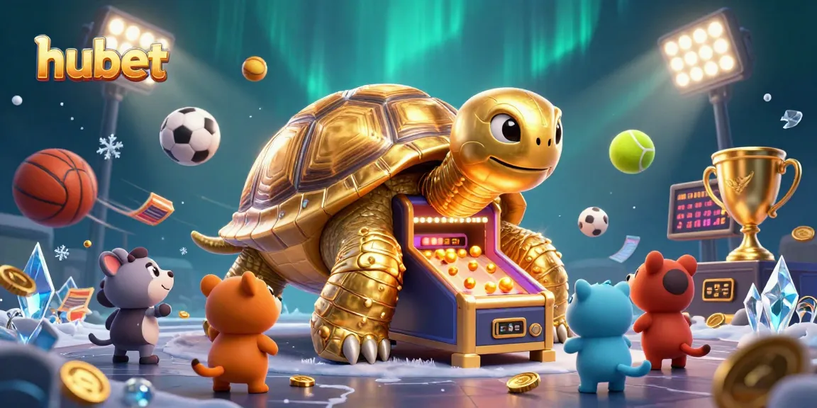 Experience thrilling gameplay at hubet with a colossal tortoise pinball machine surrounded by dynamic sports elements.