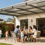 Familie genießt Zeit unter einer Terrassenüberdachung in einem modernen Garten.