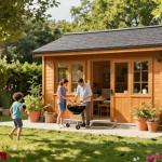 Ein einladendes Gartenhaus umgeben von bunten Blumen und lebendigem Grün, ideal für den perfekten Garten. Gartenhaus erleben!