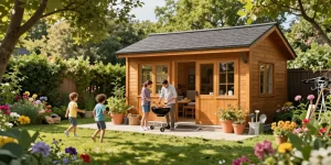 Ein einladendes Gartenhaus umgeben von bunten Blumen und lebendigem Grün, ideal für den perfekten Garten. Gartenhaus erleben!