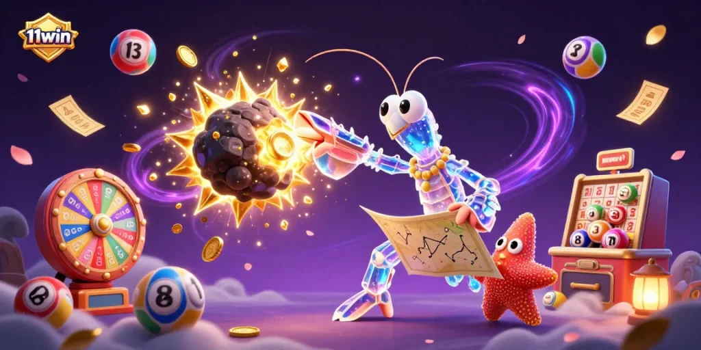 Experience the excitement of winning at 11win with a vibrant scene of a mantis shrimp and starfish amidst lottery elements.